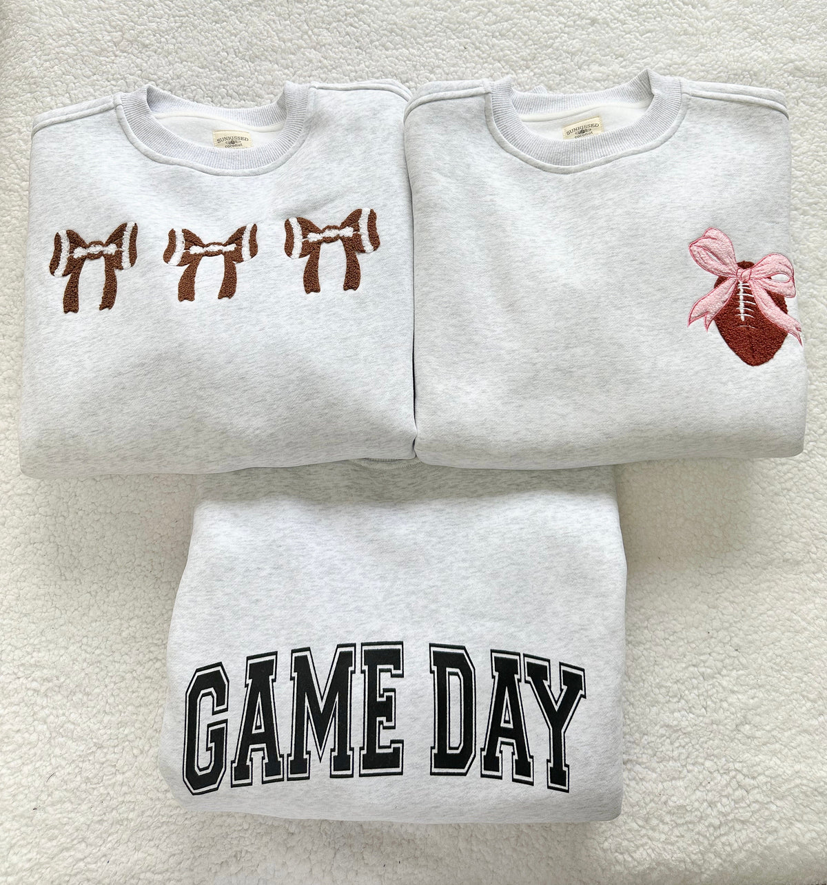 Pearl Grey Football Bows Game Day Embroider Sweatshirt