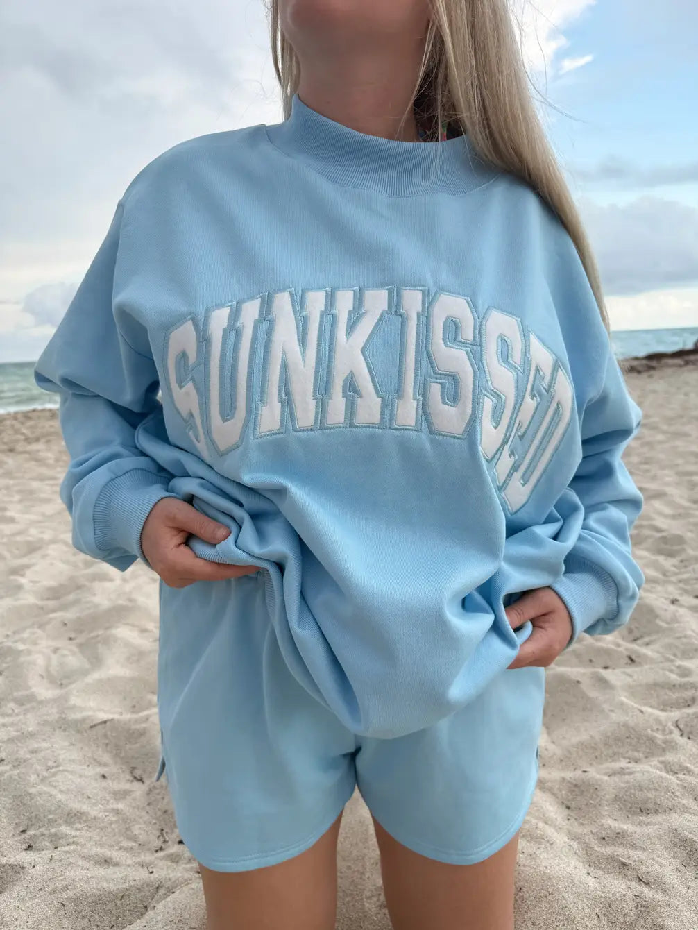 Berry Blue Varsity Sunkissed Embroidered Mockneck Sweatshirt 100% Cotton
