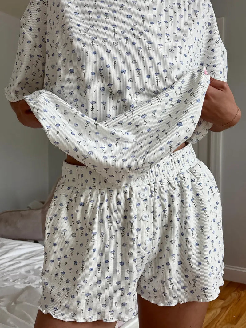 White Ditsy Blue Floral Pajama Shorts