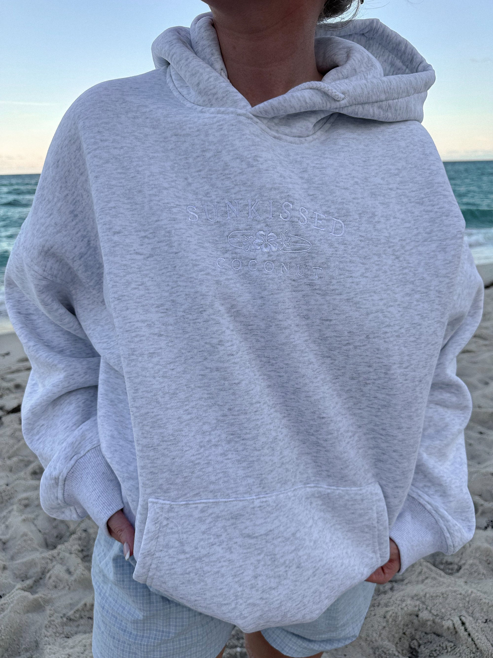 Pearl Grey and White Thread Sunkissedcoconut Logo Embroider Hoodie