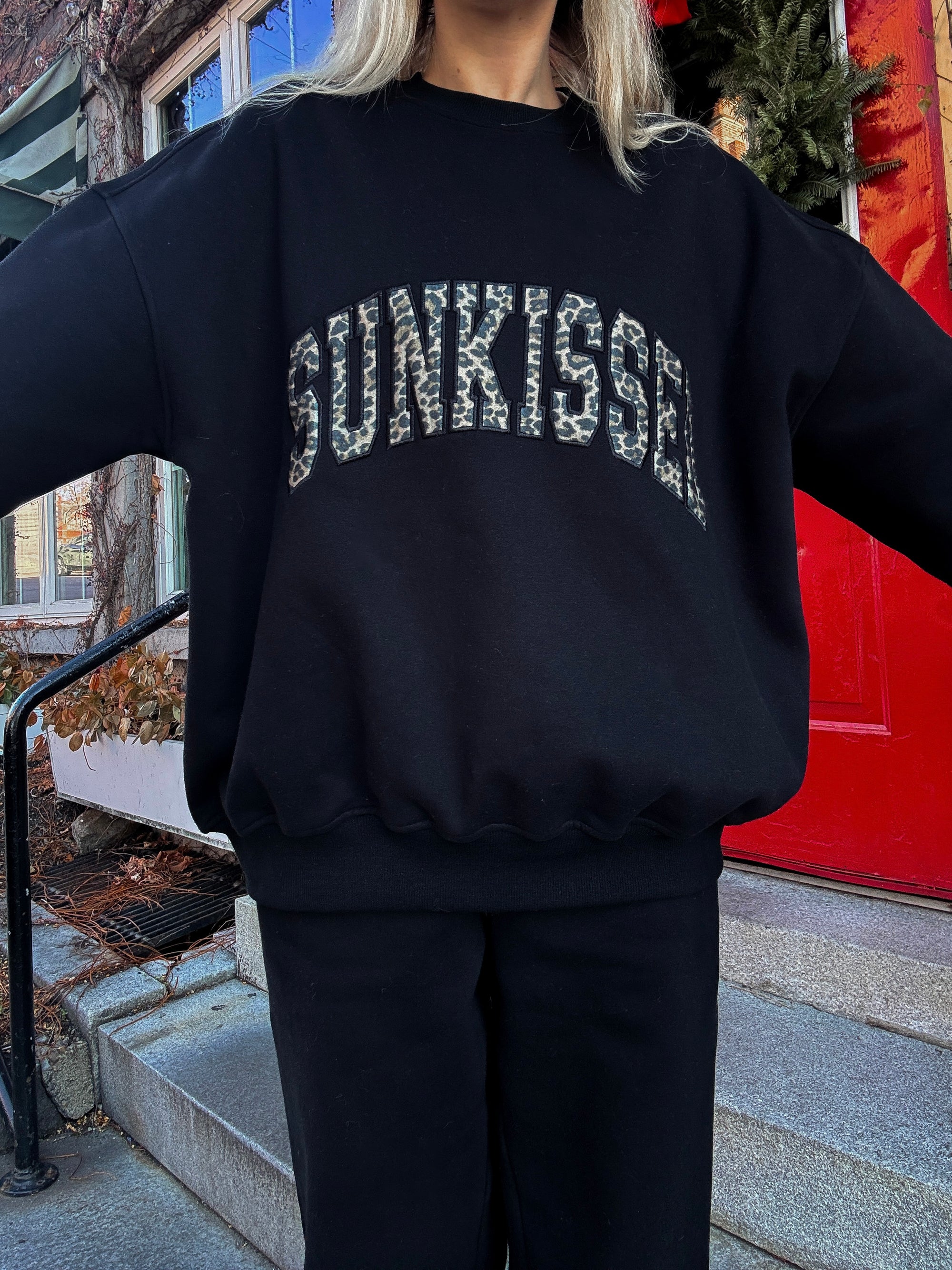 Black Sunkissed Leopard Print Embroider Sweatshirt