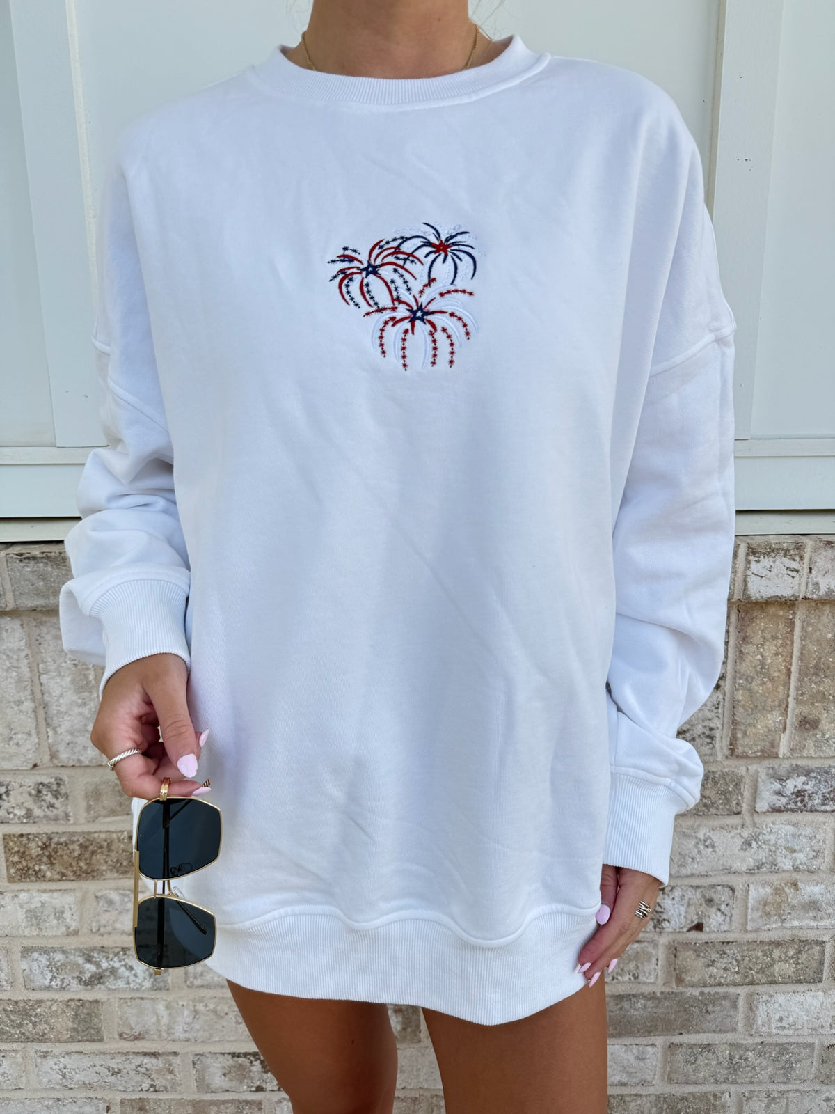 White Fireworks 4th Of July Memorial Day Embroider Sweatshirt