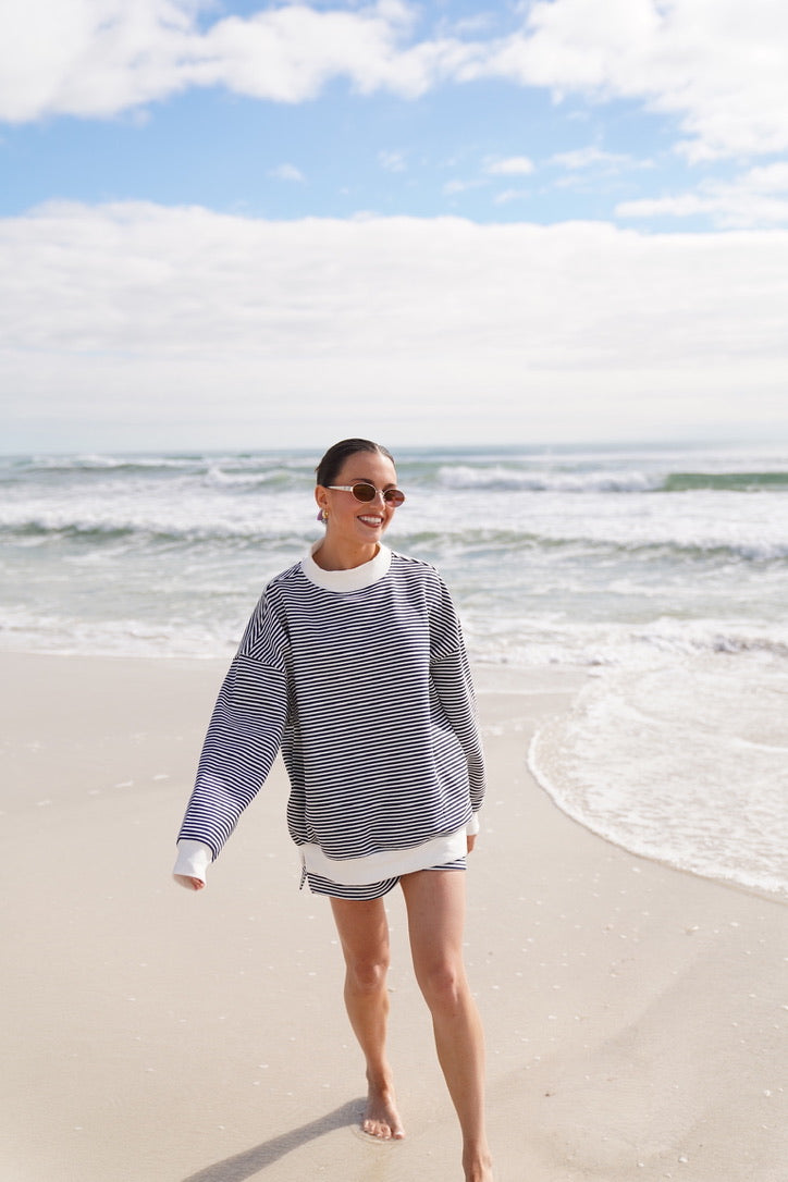 Dark Navy Blue and White Big Striped Mockneck Sweatshirt