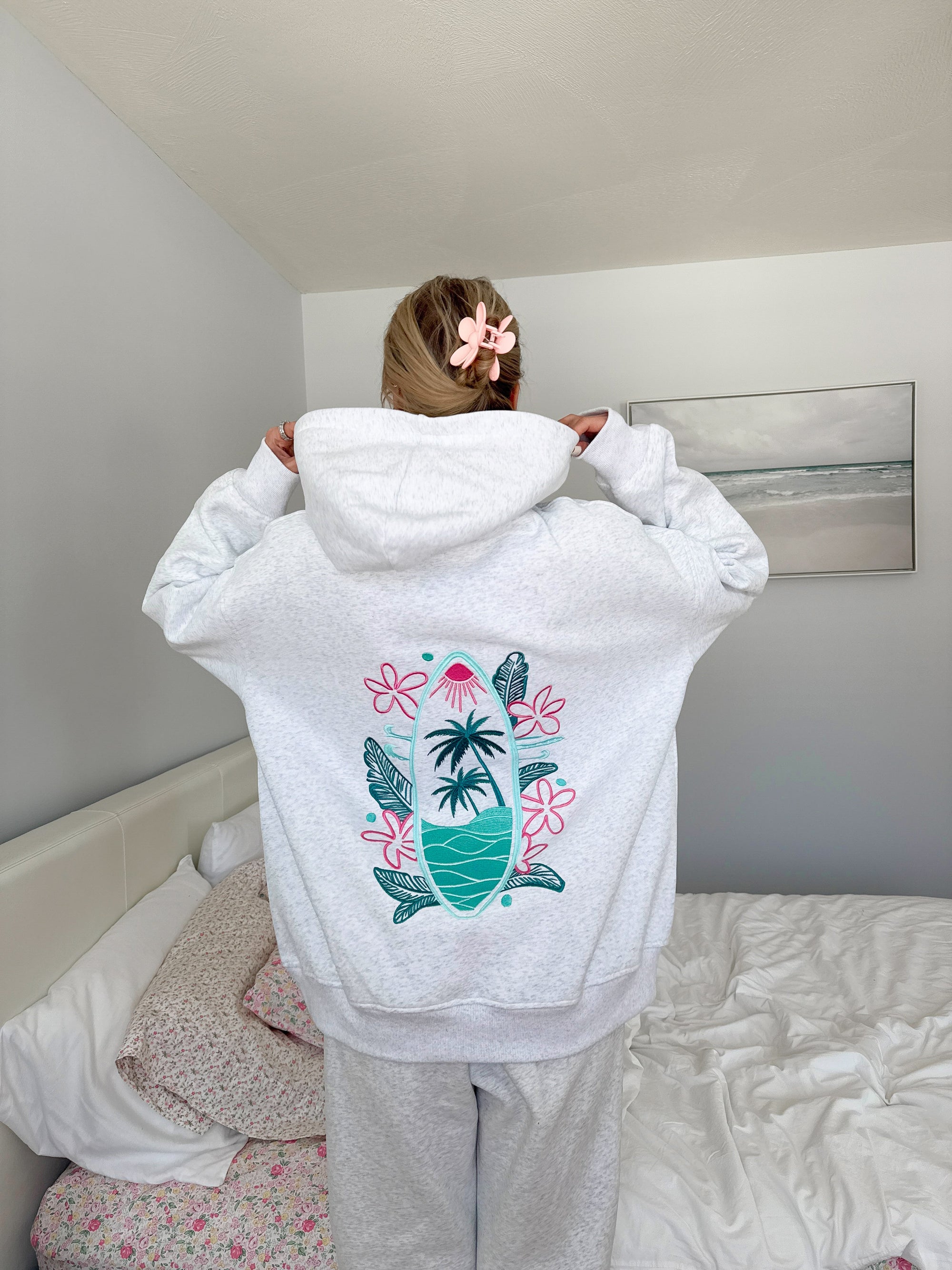 Pearl Grey Surfing The Waves Embroider Hoodie