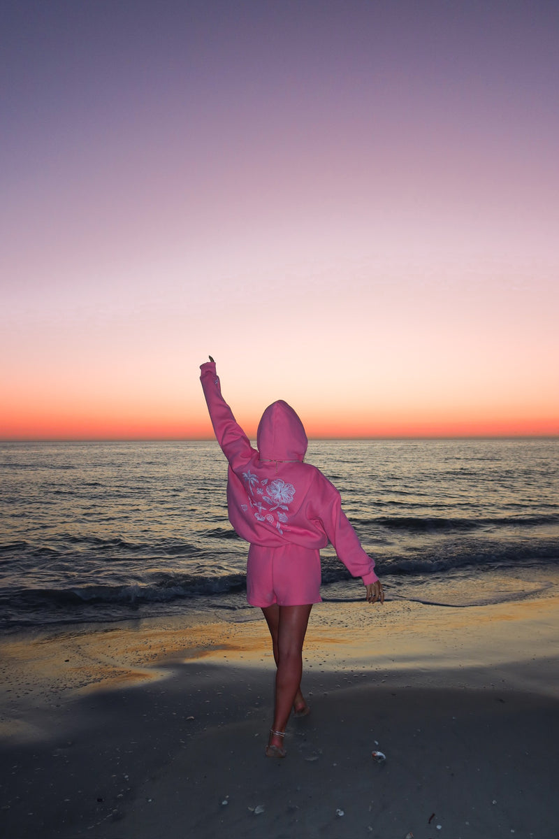 Hibiscus Pink Tropical Embroider Hoodie
