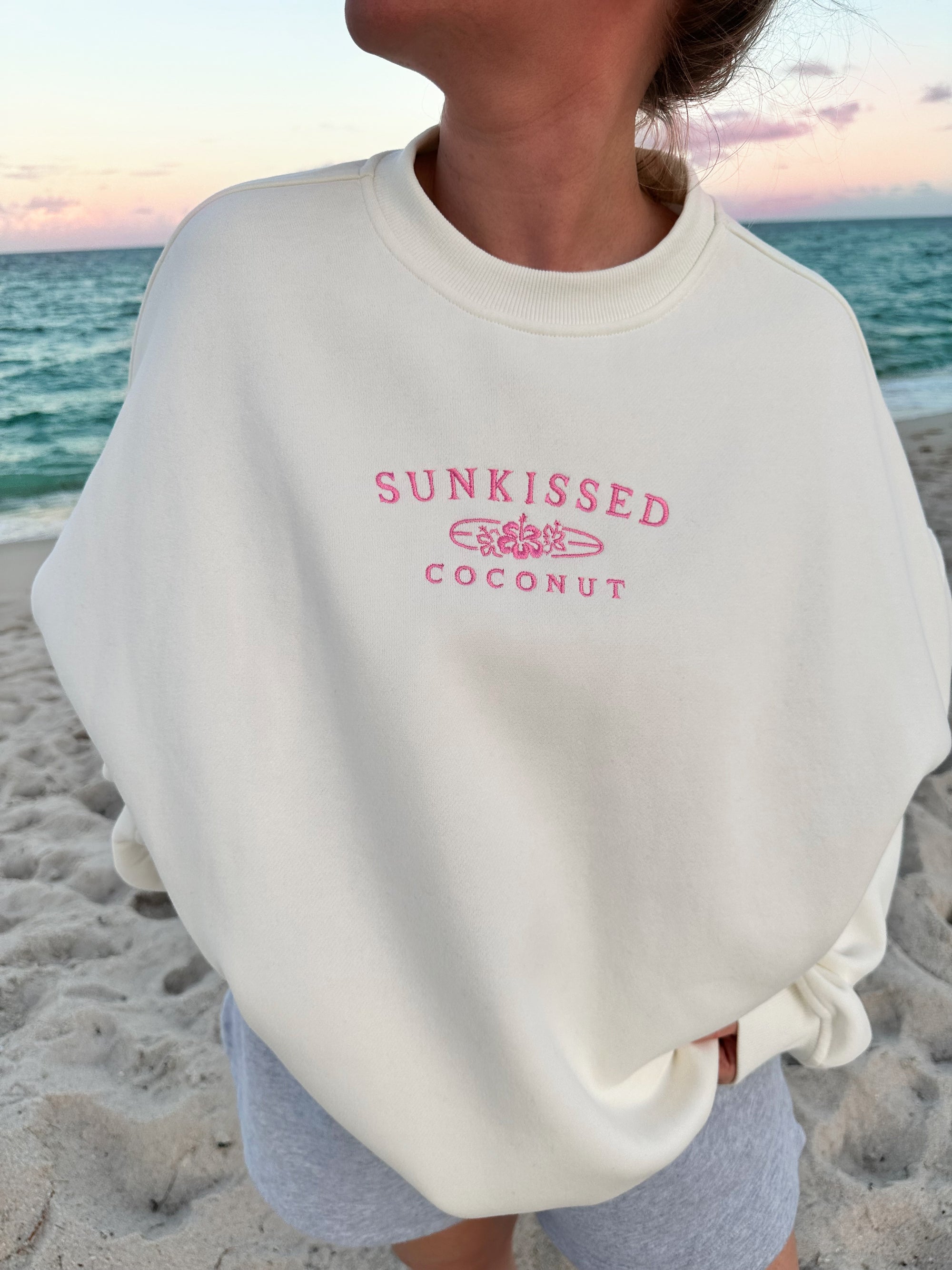 Ivory and Hibiscus Pink Sunkissedcoconut Logo Embroider Sweatshirt