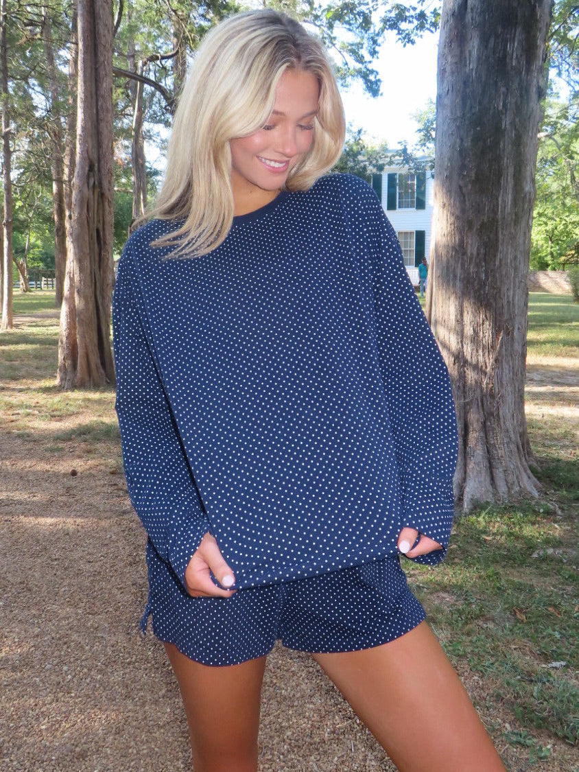 Navy Blue Polka Dot Loungewear Long Sleeve Top