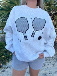 Pearl Grey Pickleball Detailed Embroider Sweatshirt