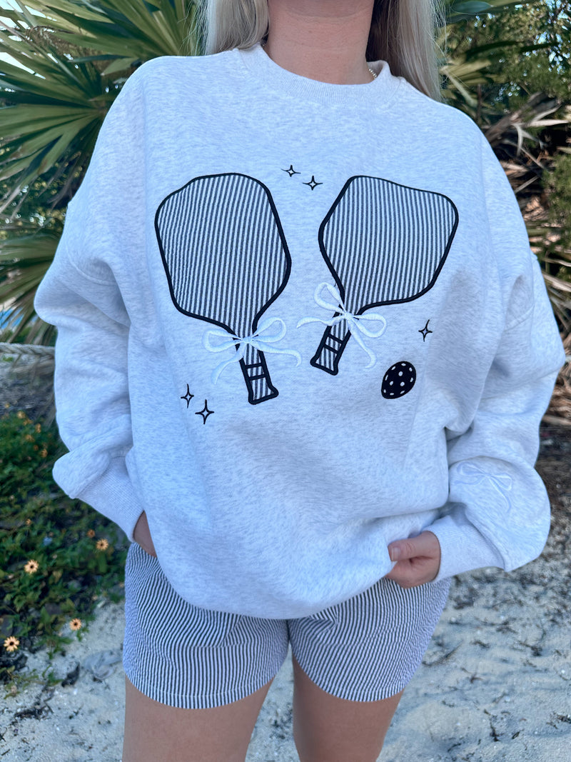 Pearl Grey Pickleball Detailed Embroider Sweatshirt