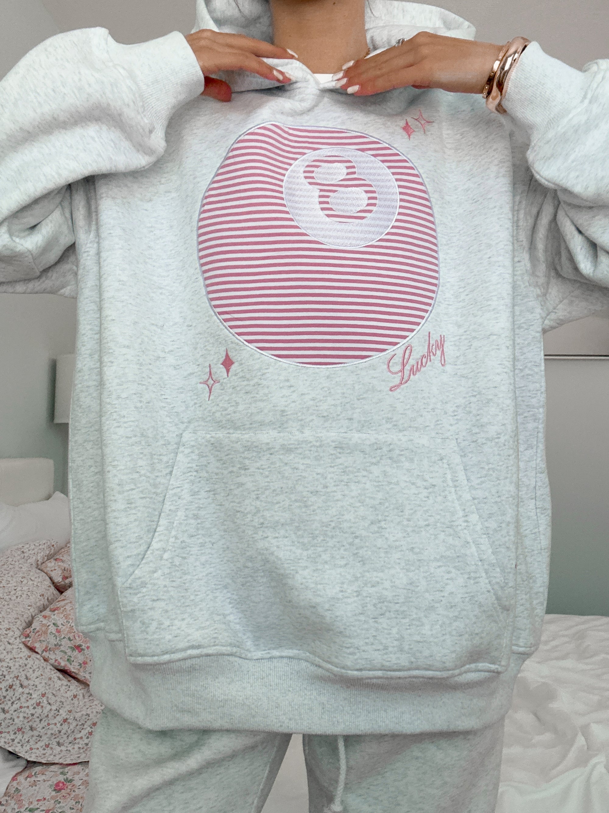 Pearl Grey Lucky You 8 Ball Embroider Hoodie