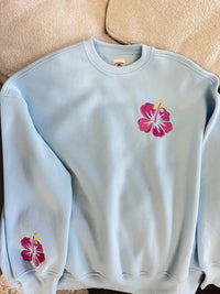 Icy Blue Hibiscus Flower Beach Babe Embroider Sweatshirt