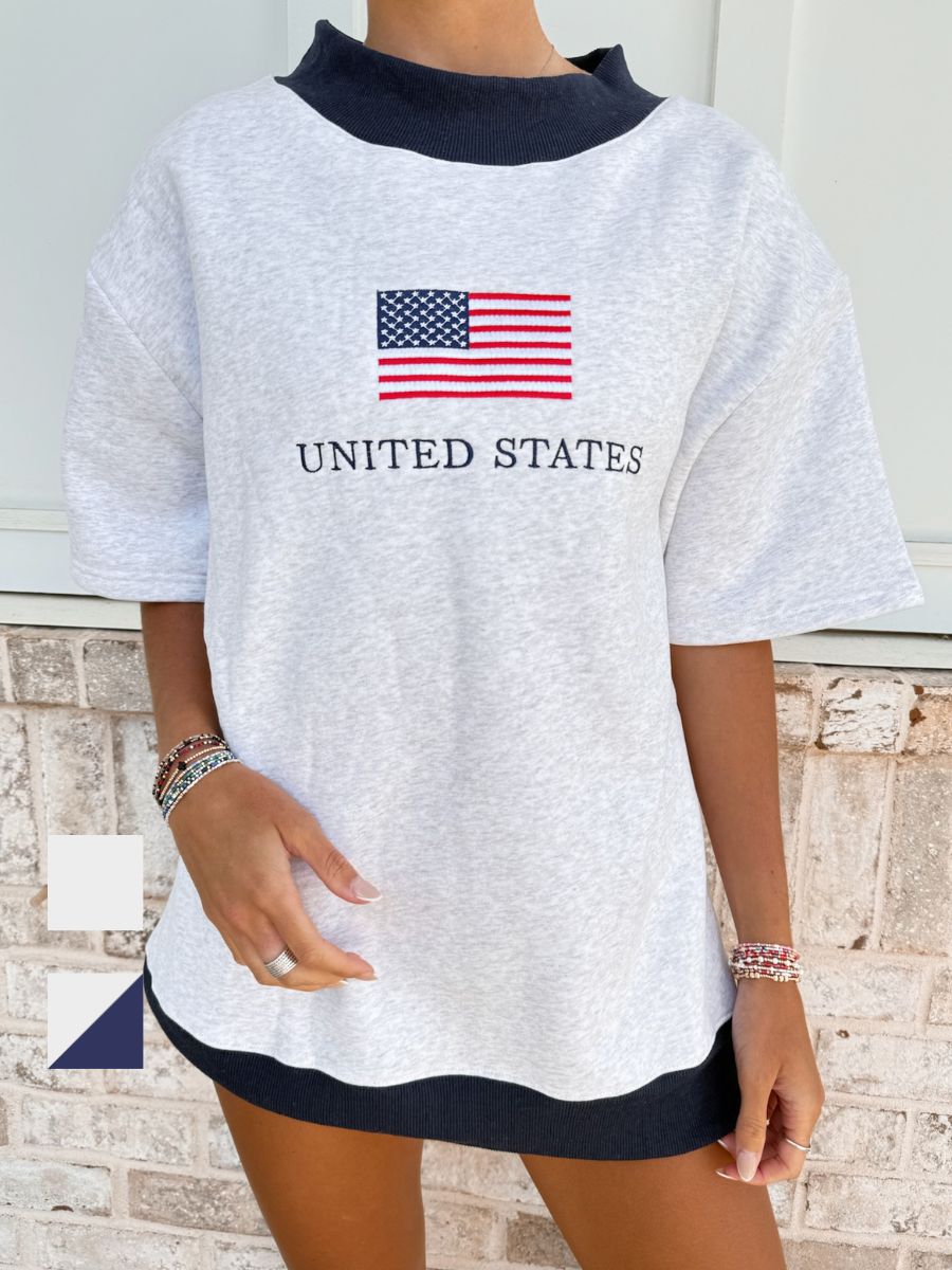 United States Flag Embroider Mockneck Short Sleeve Sweatshirt