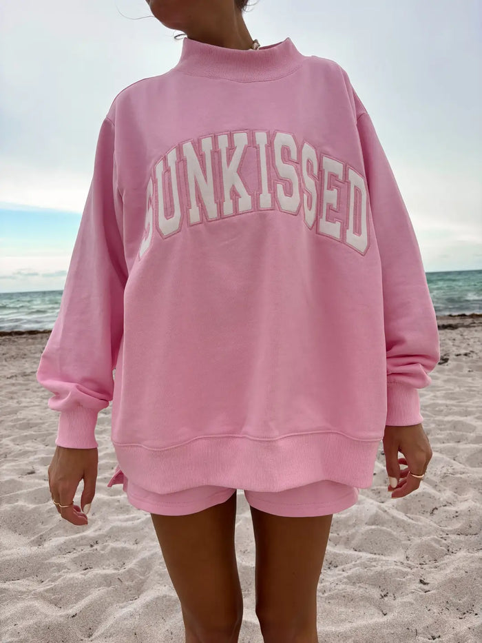 Lottie Pink Varsity Sunkissed Embroidered Mockneck Sweatshirt 100% Cotton