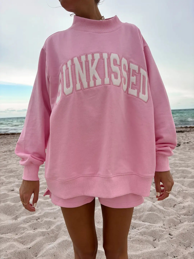 Lottie Pink Varsity Sunkissed Embroidered Mockneck Sweatshirt 100% Cotton