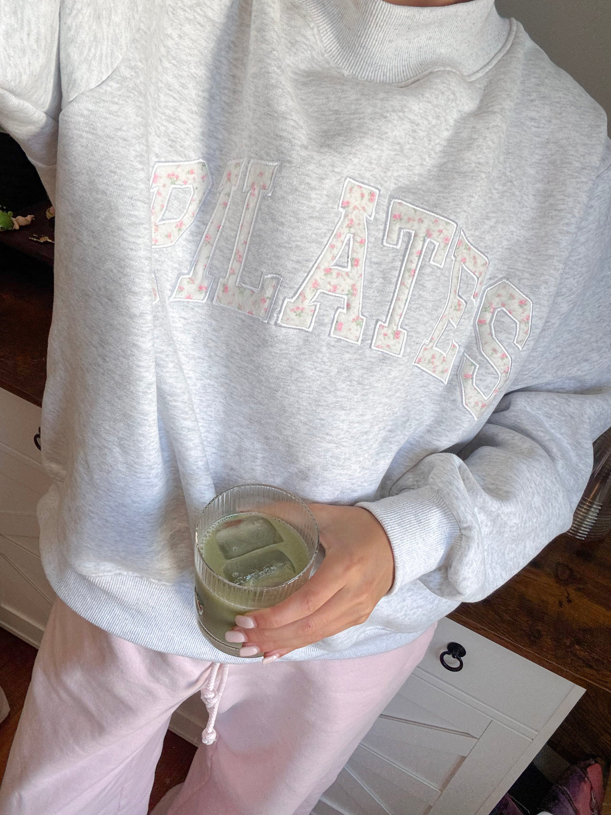Pearl Grey Mockneck Pilates Embroider Sweatshirt