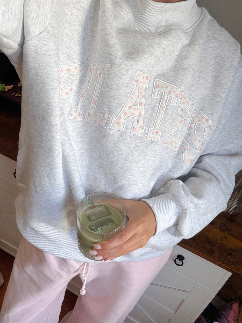Pearl Grey Mockneck Pilates Embroider Sweatshirt