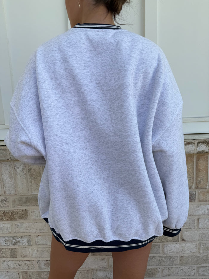 Blank Pearl Grey And Navy Preppy Crew Sweatshirt