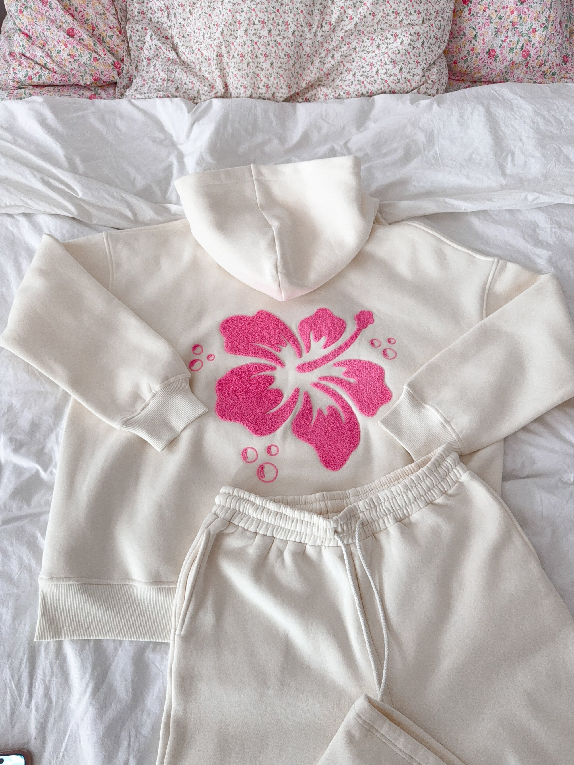 Ivory Hibiscus Flower Hoodie