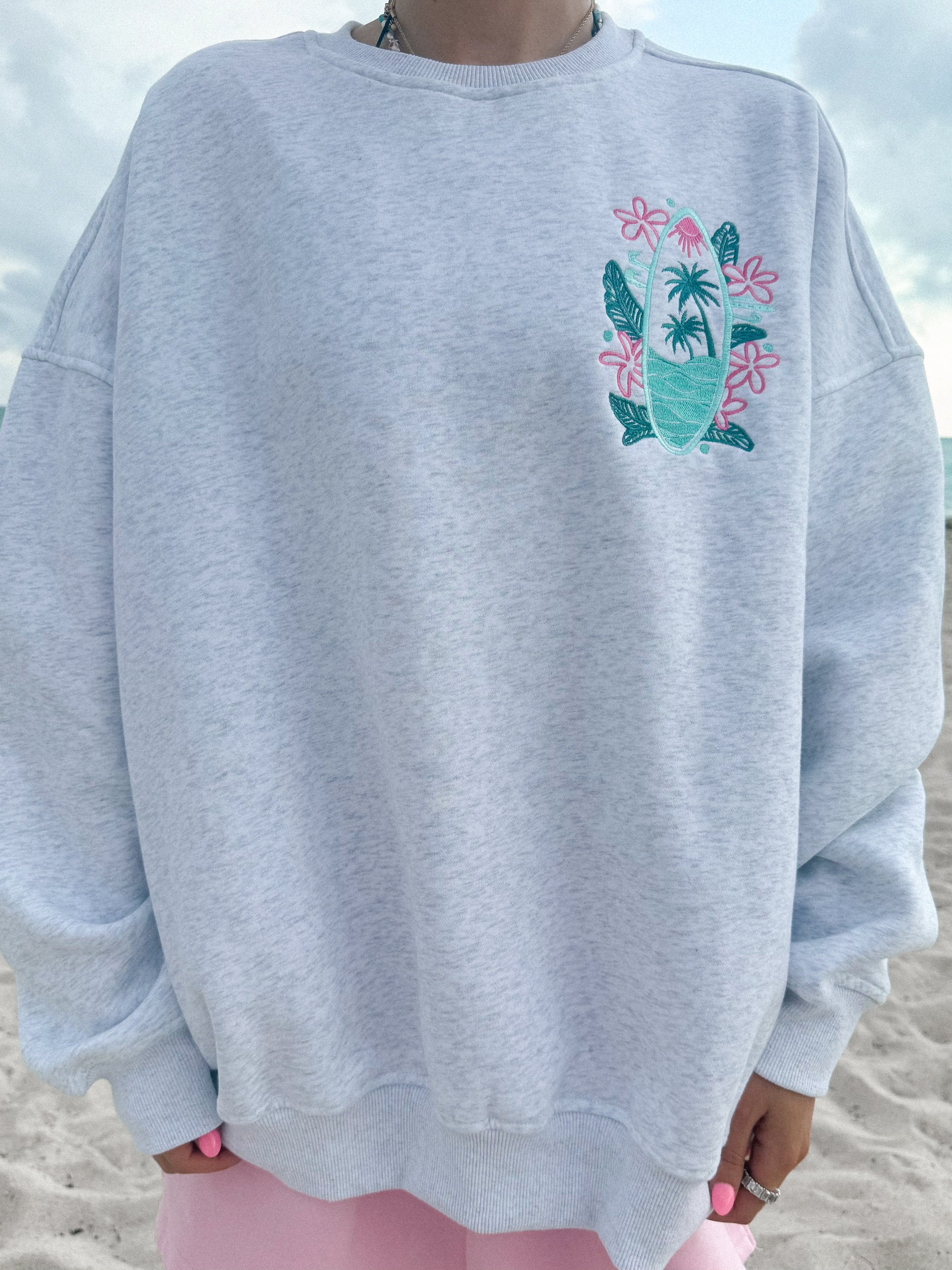 Pearl Grey Surfing The Waves Embroider Sweatshirt