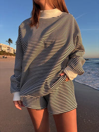 Dark Navy Blue and White Big Striped Mockneck Sweatshirt