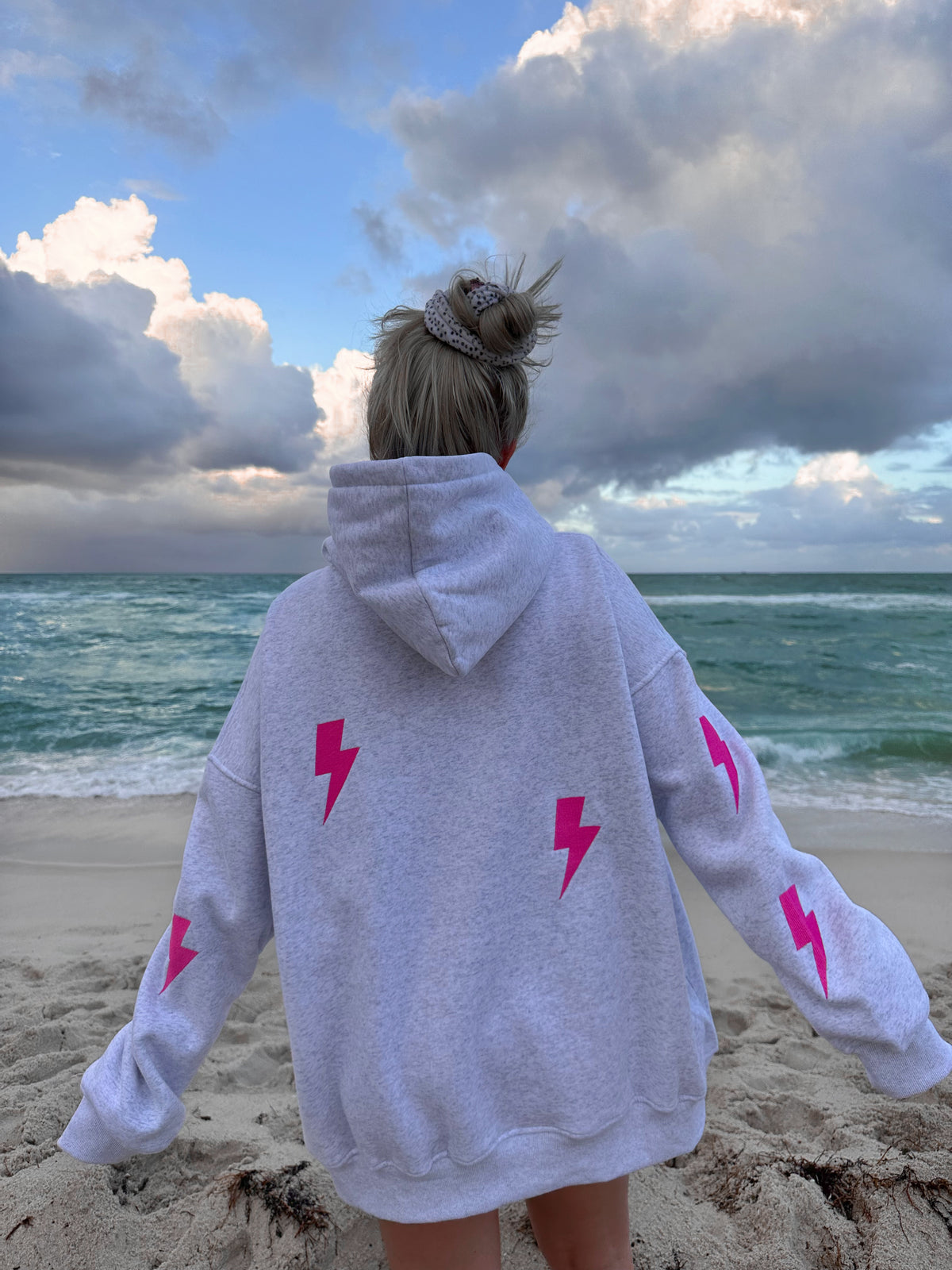 Pearl Grey Embroider Lightning Bolt Hoodie