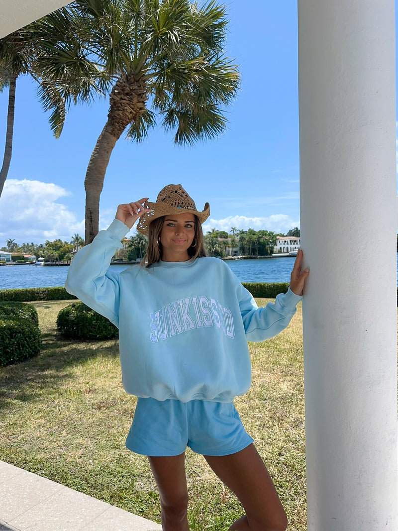 Icy Blue Sunkissed Varsity Embroider Sweatshirt