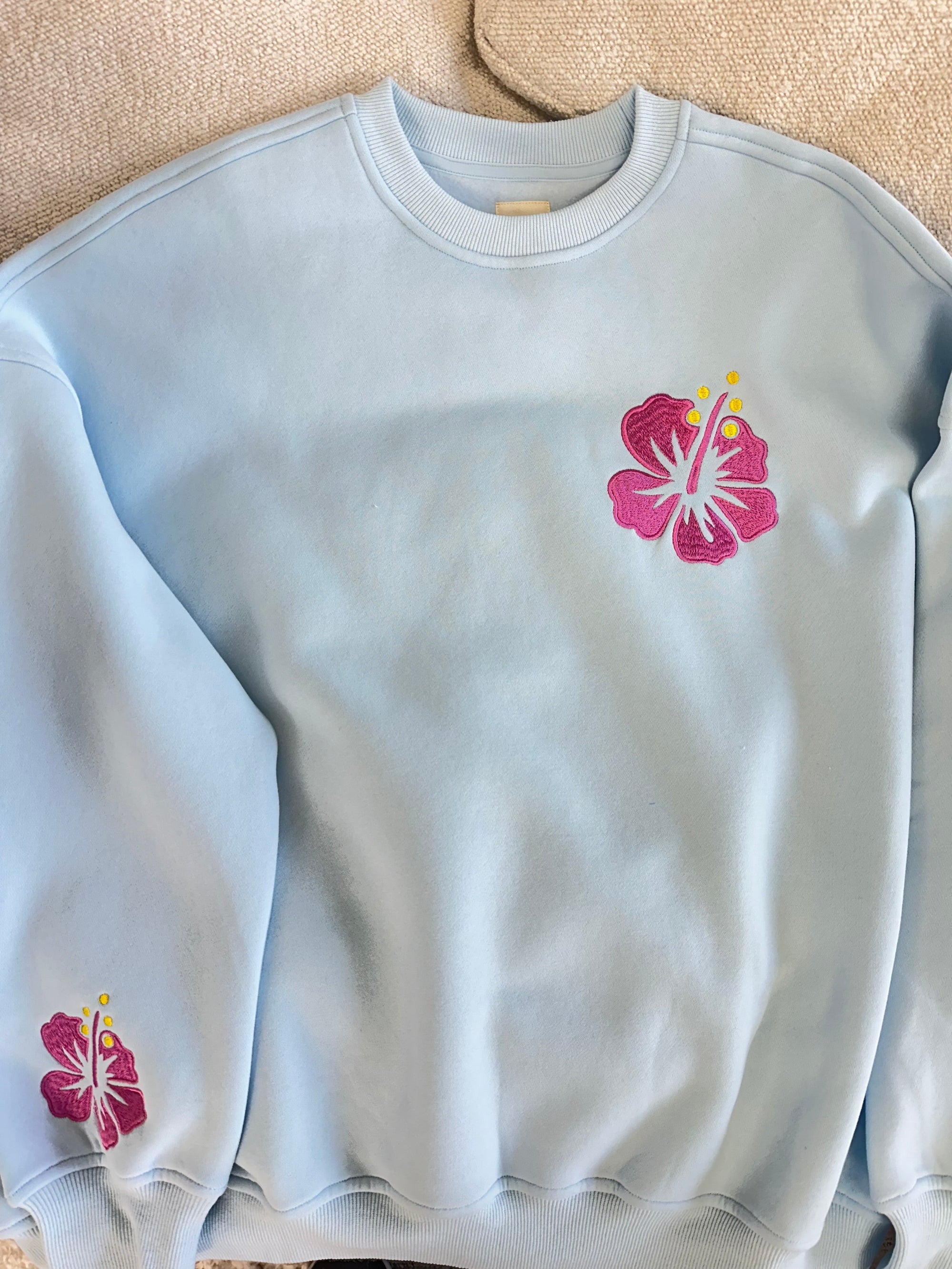 Icy Blue Hibiscus Flower Beach Babe Embroider Sweatshirt