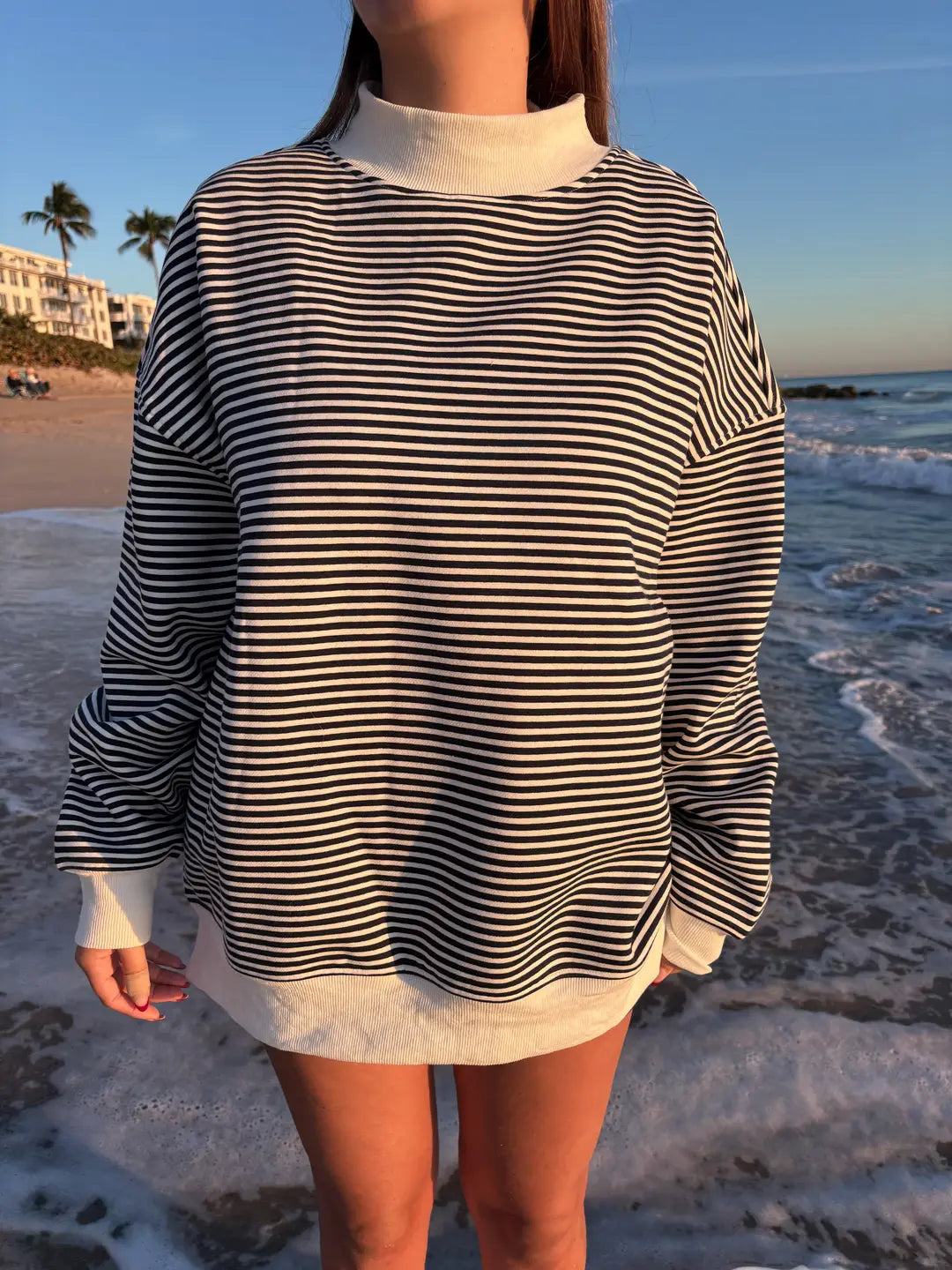 Dark Navy Blue and White Big Striped Mockneck Sweatshirt