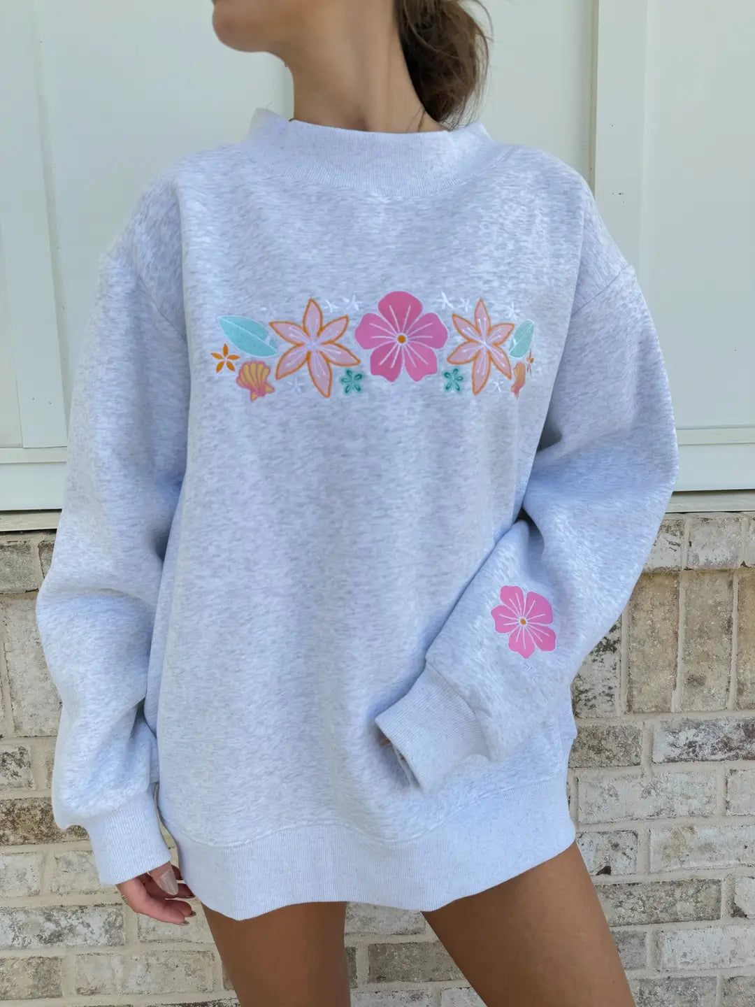 Island Flower Embroidered Mockneck Sweatshirt