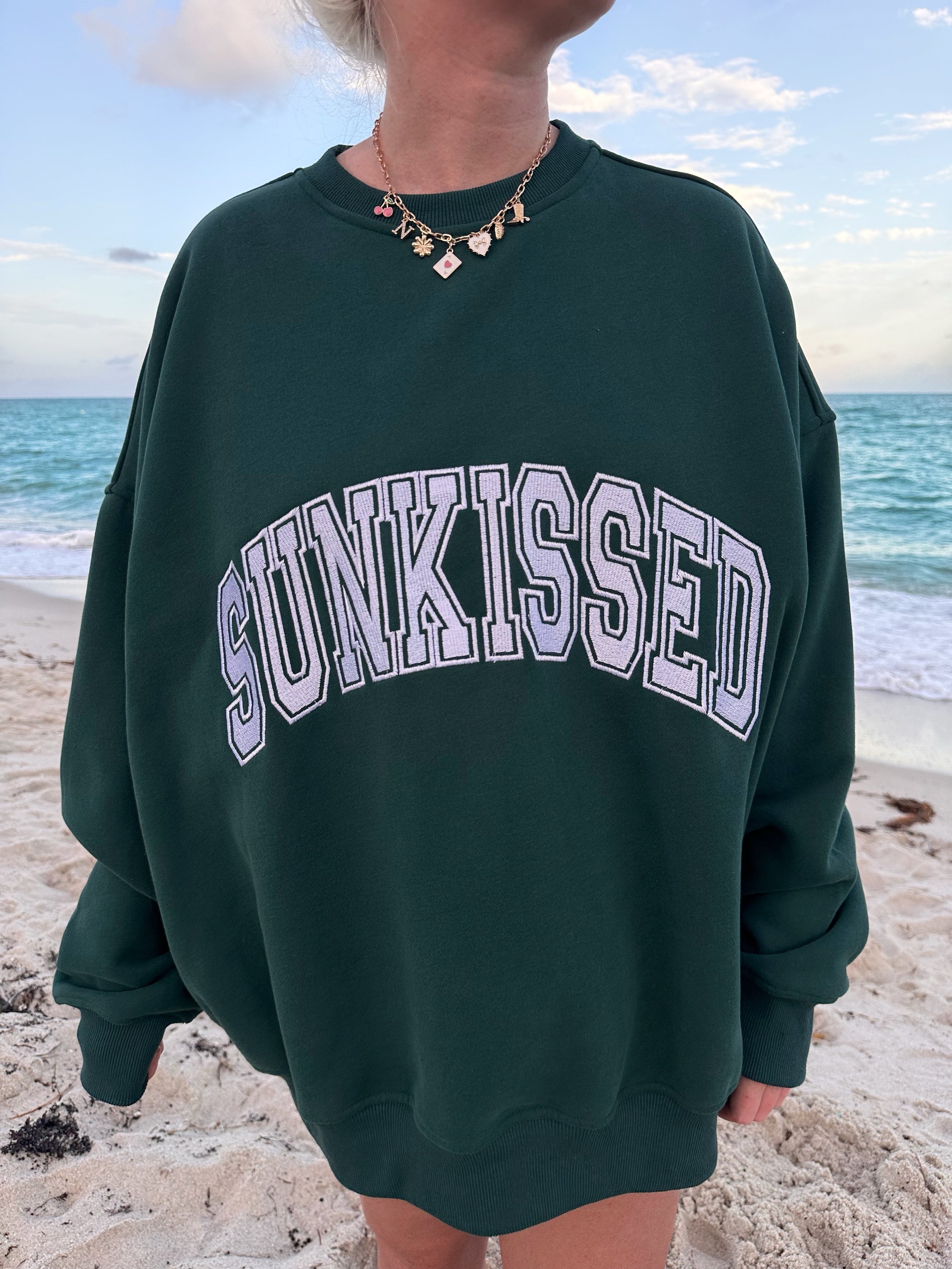 Winter Green Sunkissed Varsity Embroider Sweatshirt