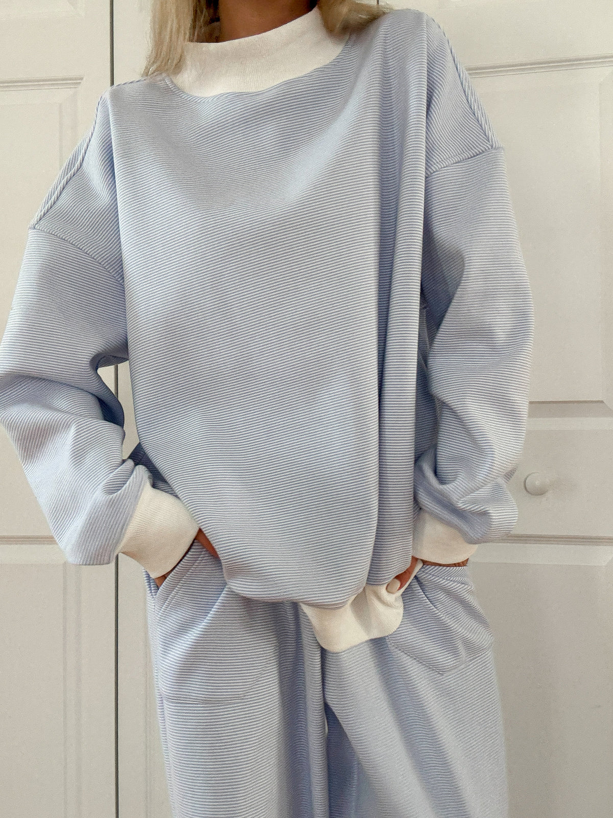 Blue and White Mini Striped Mockneck Sweatshirt