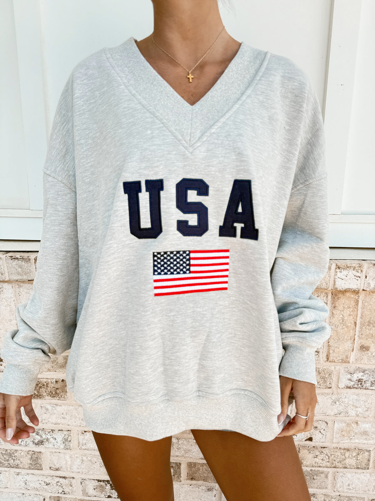 Afternoon Grey USA Flag Embroider V-Neck Sweatshirt