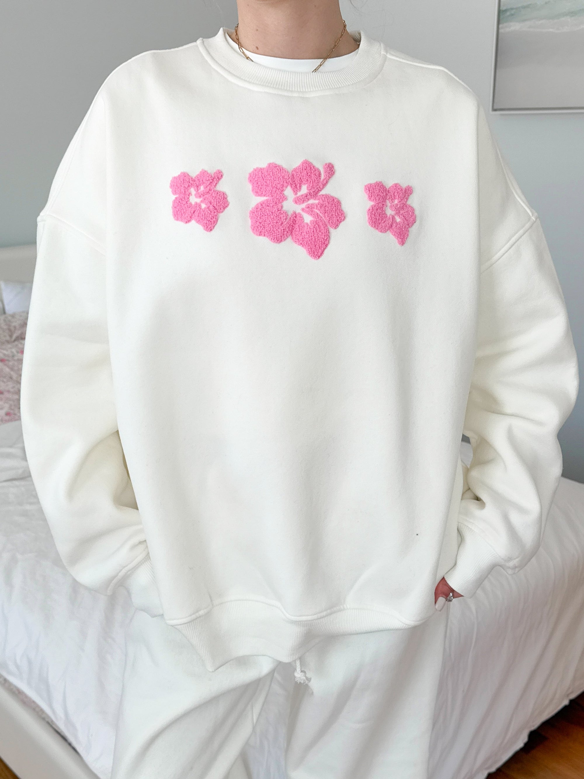 Ivory Hibiscus Flower Sweatshirt