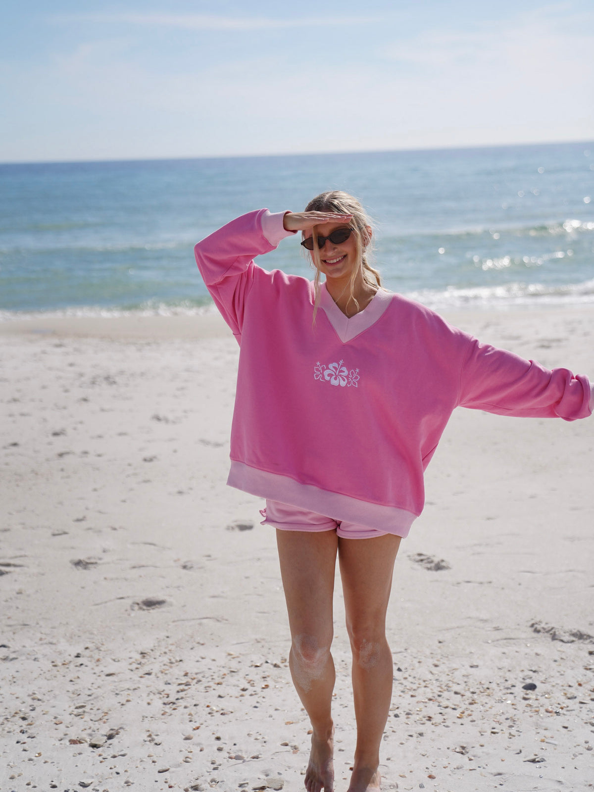 Pink And Light Pink Embroider Hibiscus Flower V-Neck Sweatshirt