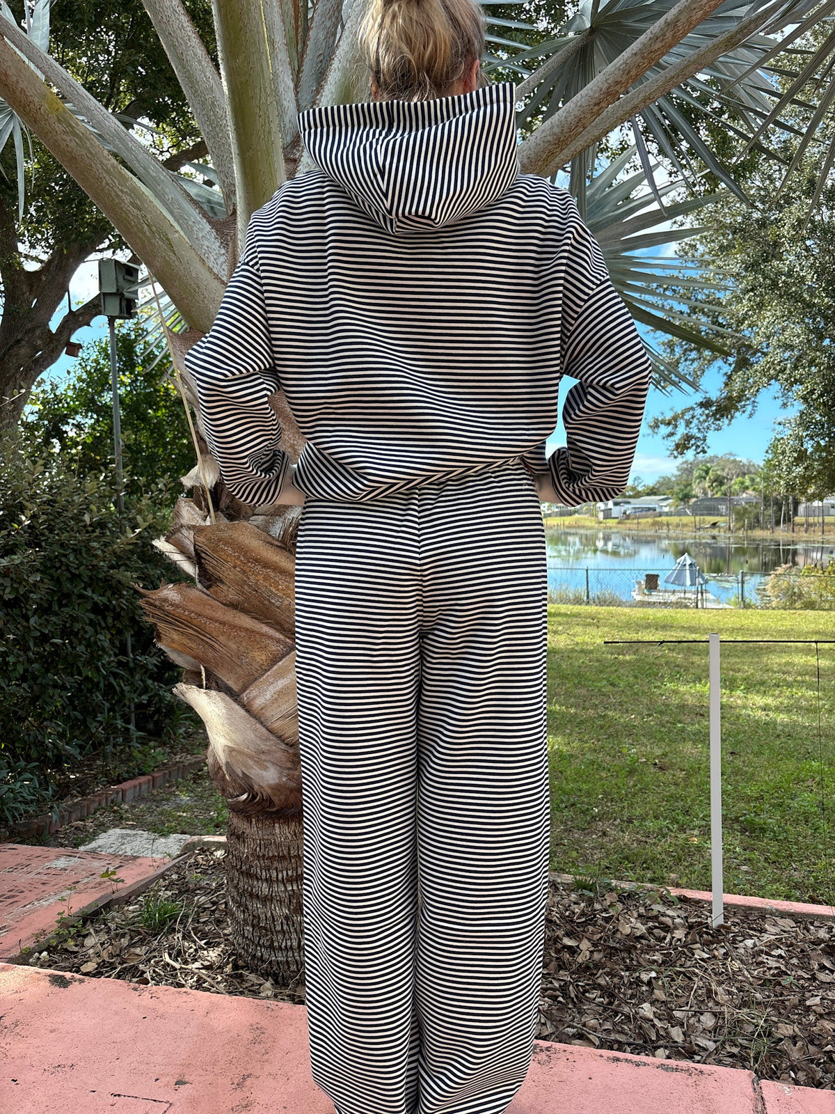 Dark Navy Blue and White Big Striped Hoodie