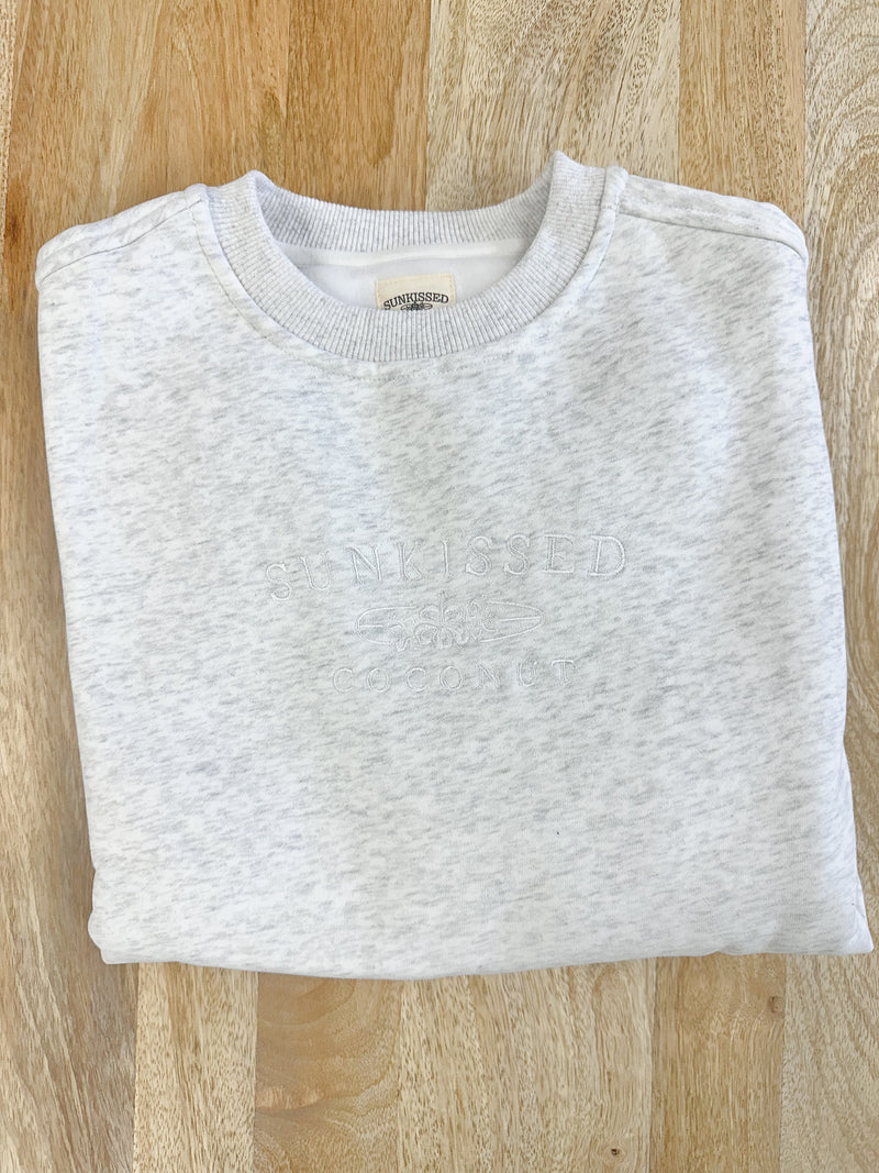 Pearl Grey and White Thread Sunkissedcoconut Logo Embroider Sweatshirt