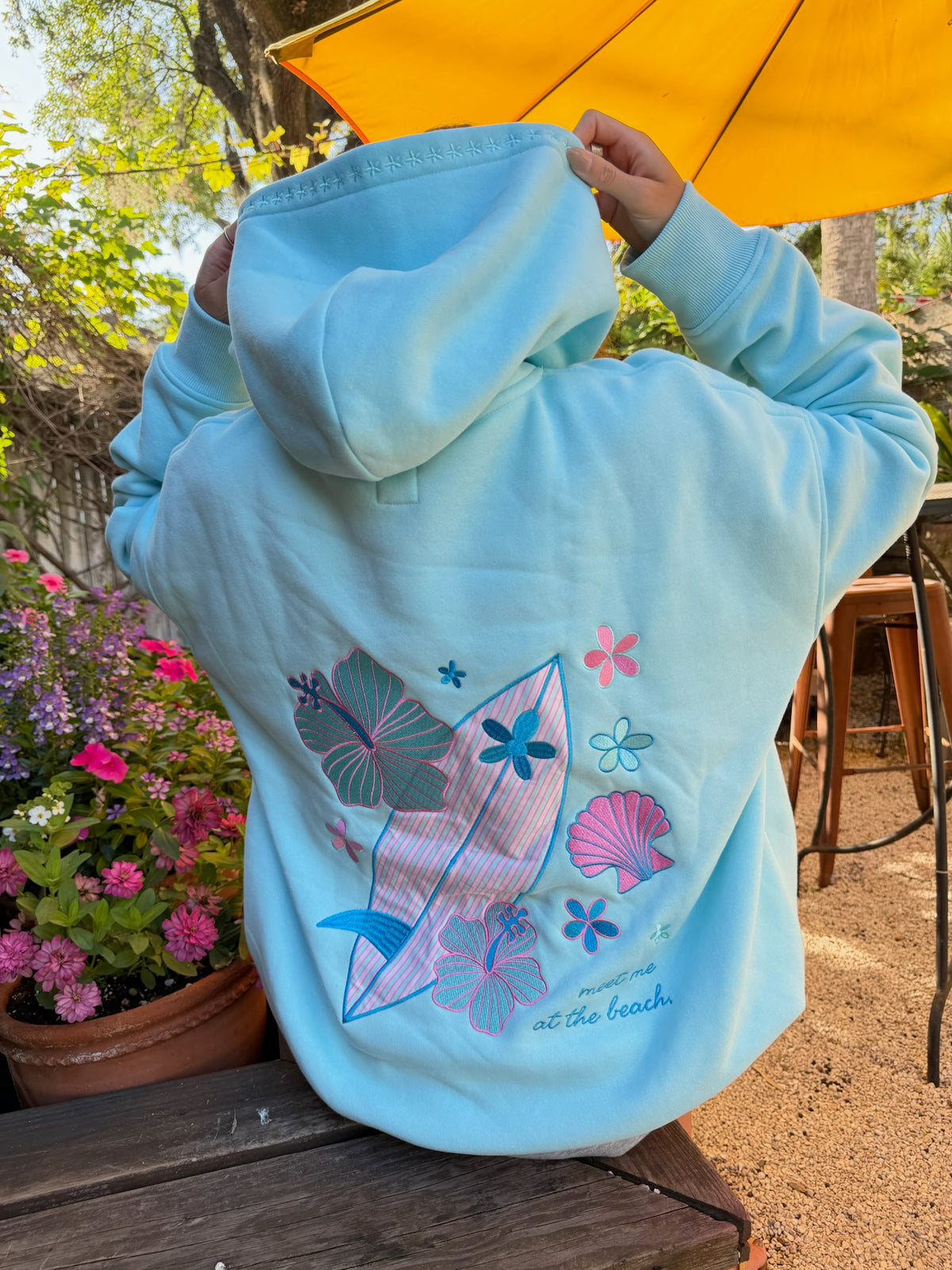 Lagoon Aqua Surfboard Hibiscus Embroidered Hoodie