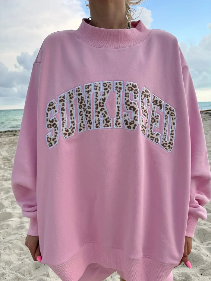 Bubblegum Pink Cheetah Print Varsity Sunkissed Embroidered Mockneck Sweatshirt 100% Cotton