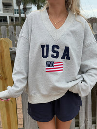 Afternoon Grey USA Flag Embroider V-Neck Sweatshirt