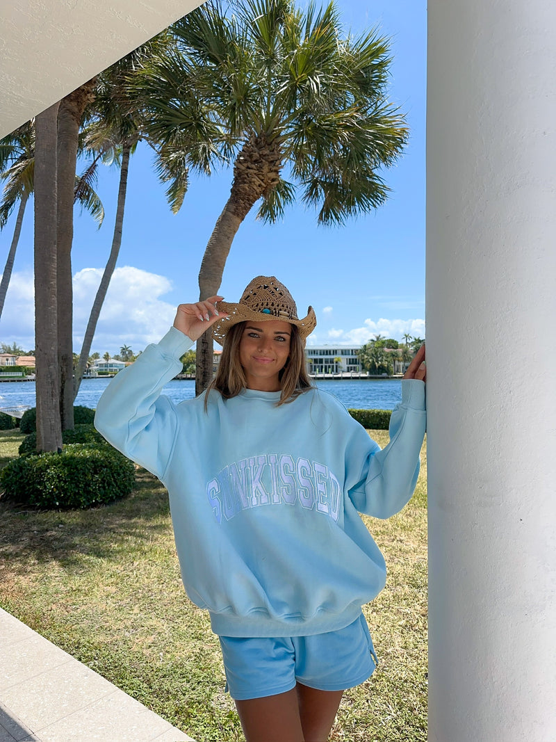 Icy Blue Sunkissed Varsity Embroider Sweatshirt