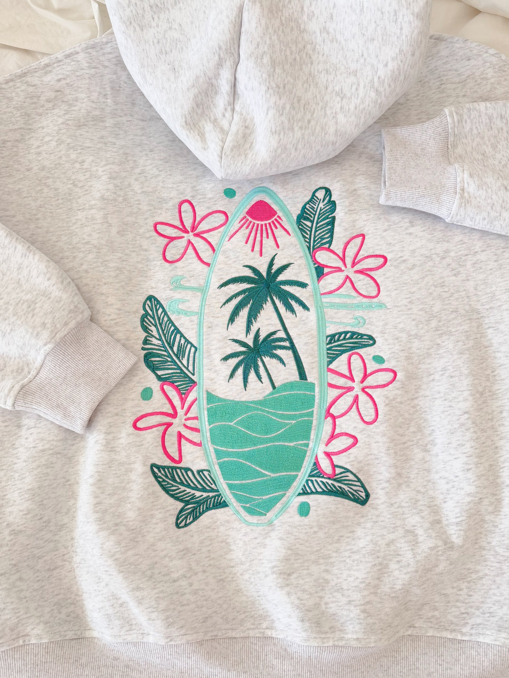 Pearl Grey Surfing The Waves Embroider Hoodie