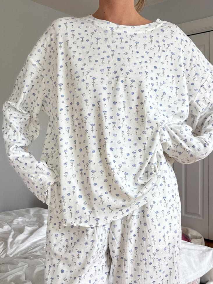 White Ditsy Floral Long Sleeve Pajama Top