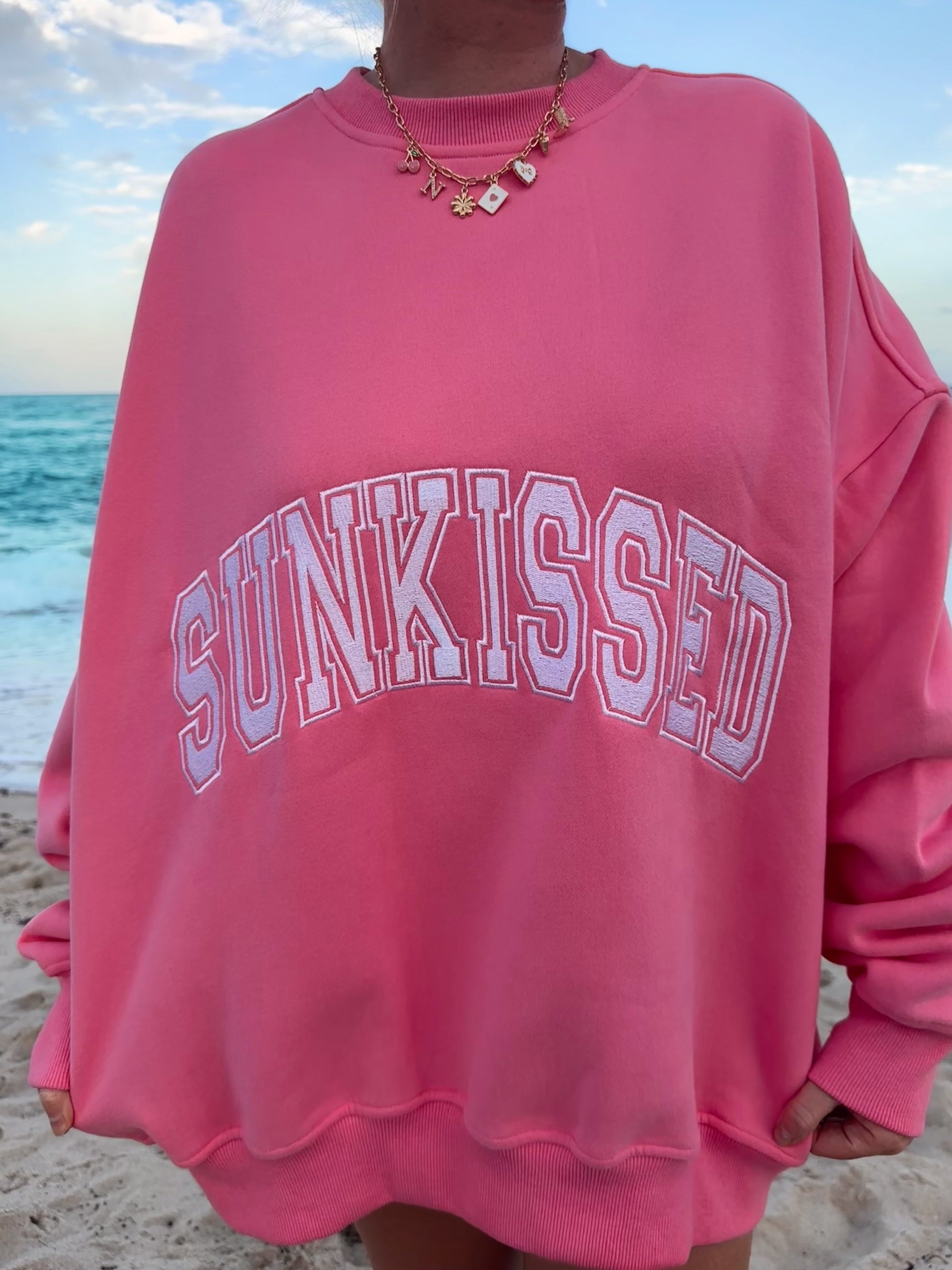 Hibiscus Pink Sunkissed Varsity Embroider Sweatshirt