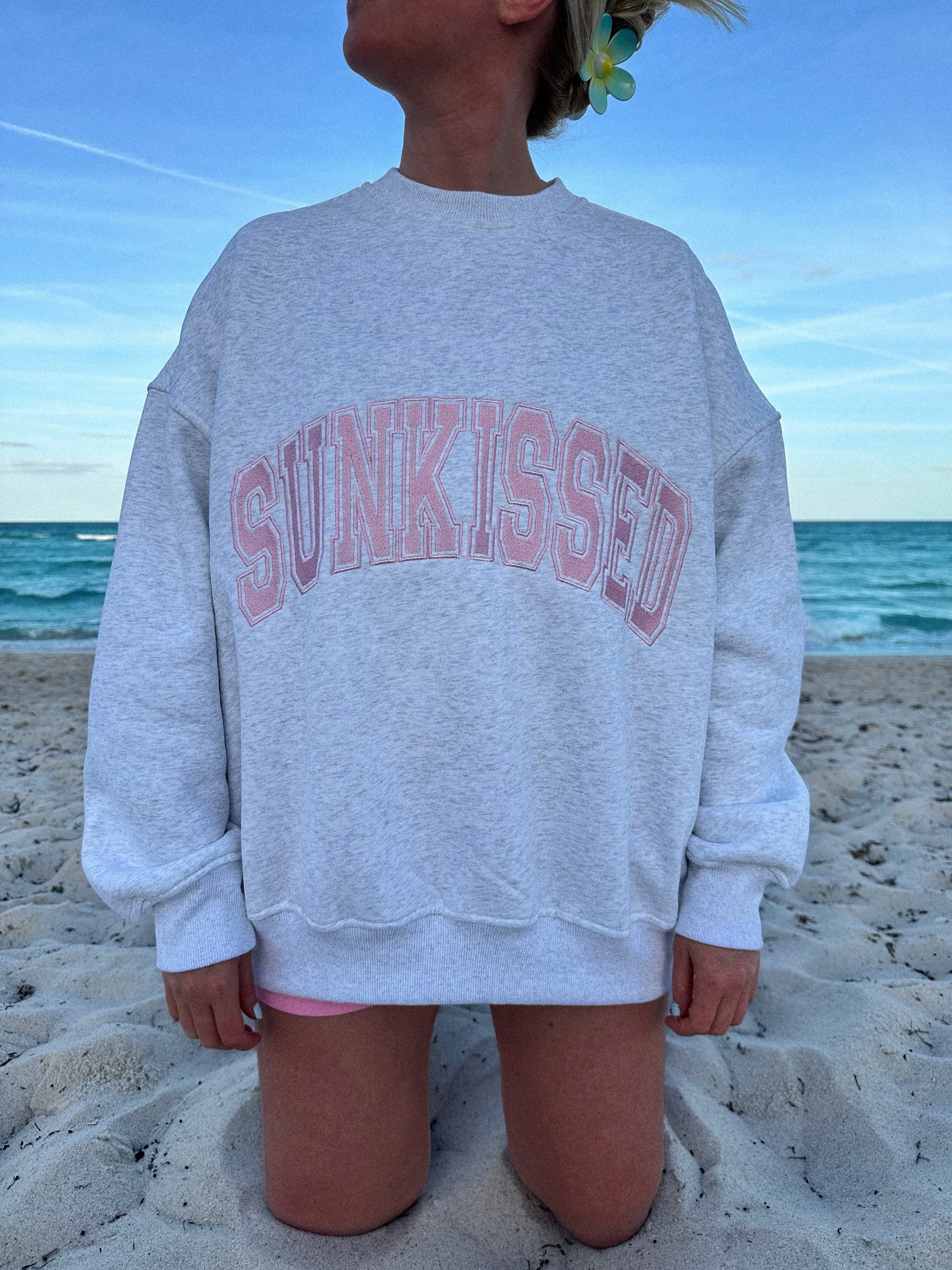 Pearl Grey with Pink Thread Sunkissed Varsity Embroider Sweatshirt