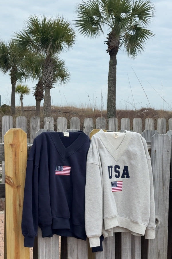 Afternoon Grey USA Flag Embroider V-Neck Sweatshirt