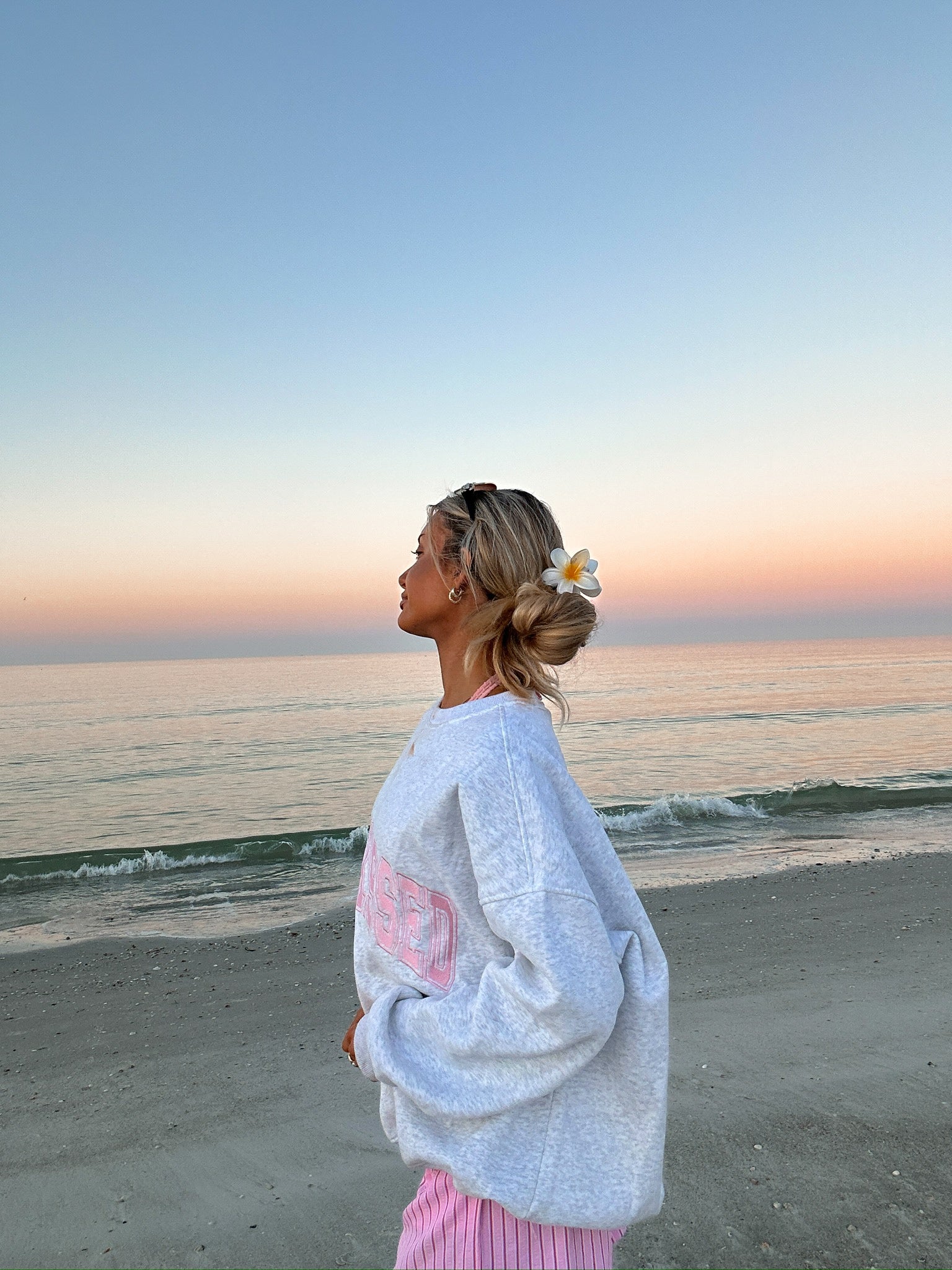 Pearl Grey with Pink Thread Sunkissed Varsity Embroider Sweatshirt