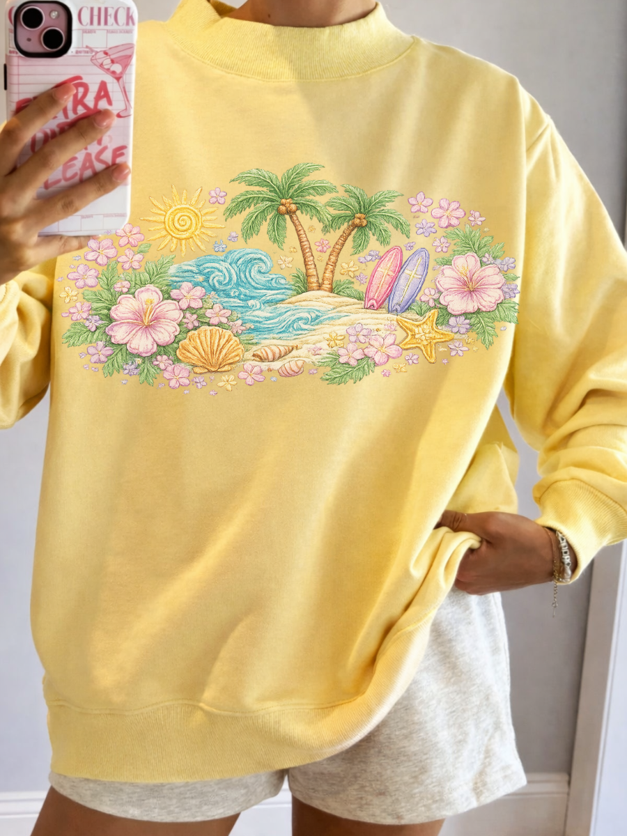Butter Yellow Seaside Bloom Graphic Mockneck Sweatshirt