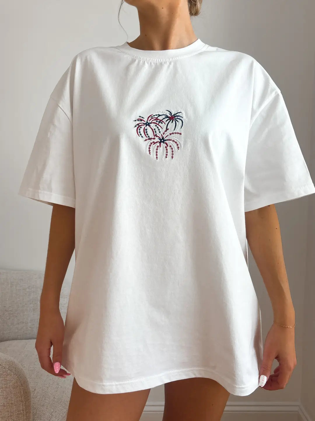 Midweight White Fireworks 4th Of July Memorial Day Embroider Tee