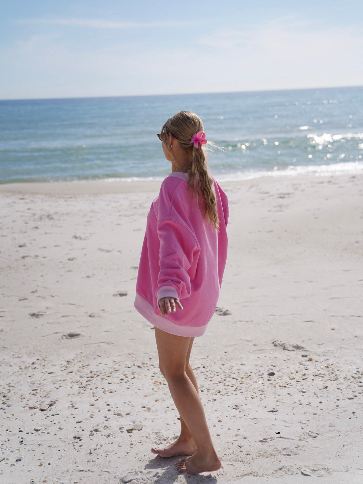 Pink And Light Pink Embroider Hibiscus Flower V-Neck Sweatshirt