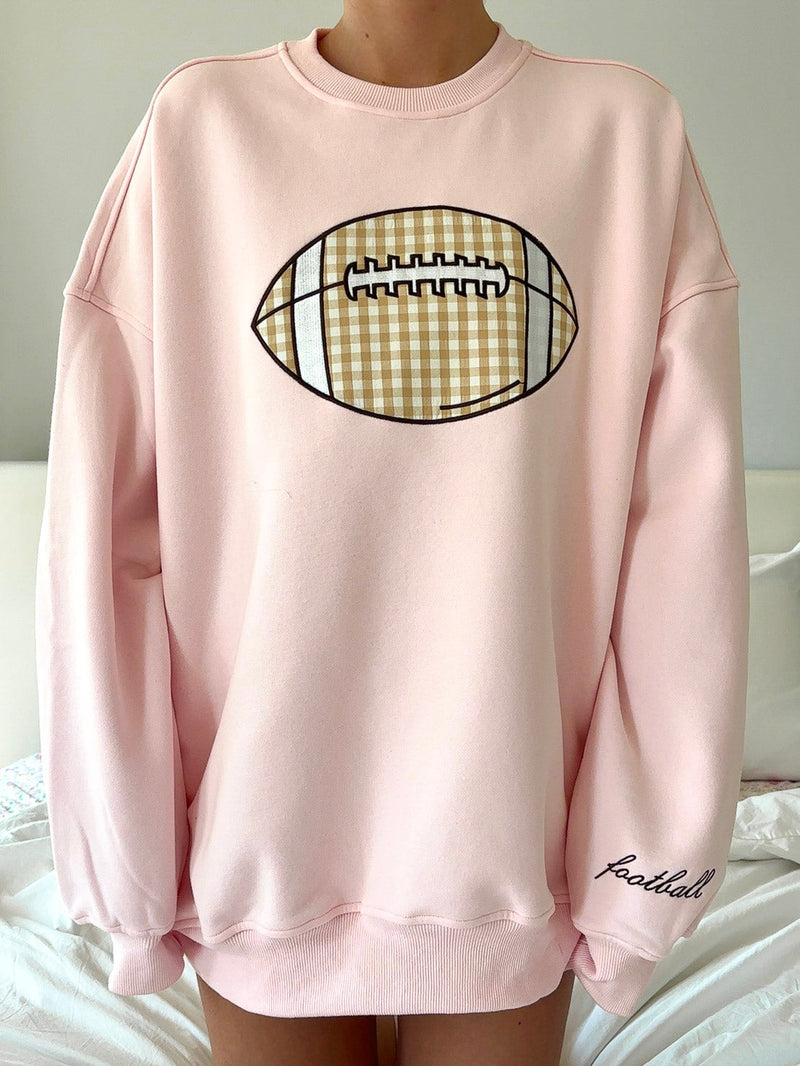 Light Pink Game Day Gingham Football Embroider Sweatshirt